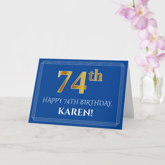 Carte Elégant Faux Gold Look 74e anniversaire, nom (bleu (Orchidée)