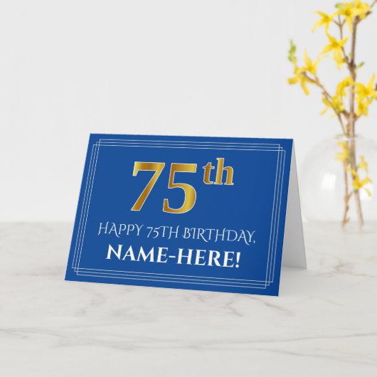 Carte Elégant Faux Gold Look 75e anniversaire, nom (bleu (Fleur jaune)