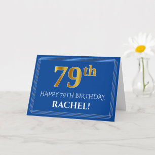 Carte Elégant Faux Gold Look 79e anniversaire, nom (bleu
