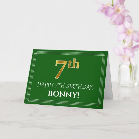Carte Elégant Faux Gold Look 7e anniversaire, nom (vert) (Orchidée)