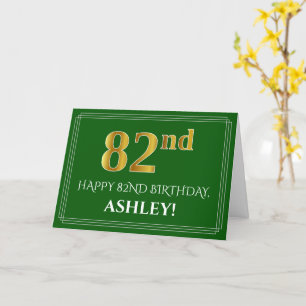 Carte Elégant Faux Gold Look 82e anniversaire, nom (vert