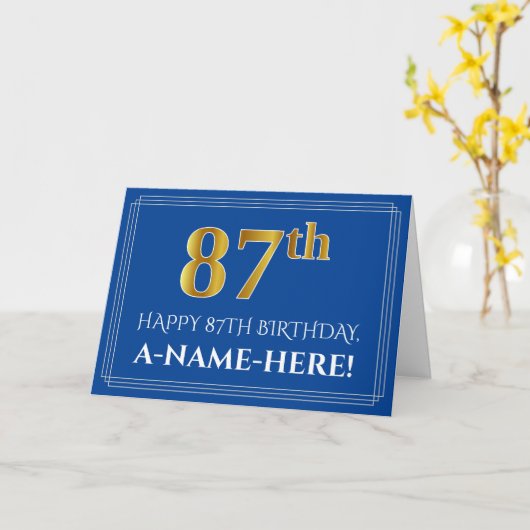 Carte Elégant Faux Gold Look 87e anniversaire, nom (bleu (Fleur jaune)