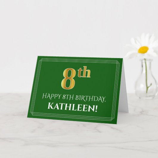 Carte Elégant Faux Gold Look 8e anniversaire, nom (vert) (Petite plante)