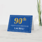 Carte Elégant Faux Gold Look 90e anniversaire, nom (bleu (Devant)