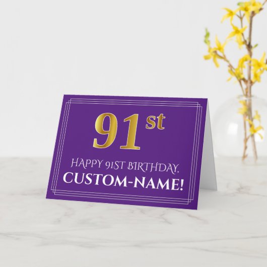 Carte Elégant Faux Gold Look 91e anniversaire, nom; viol (Fleur jaune)