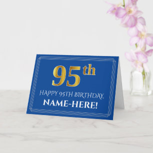 Carte Elégant Faux Gold Look 95e anniversaire, nom (bleu
