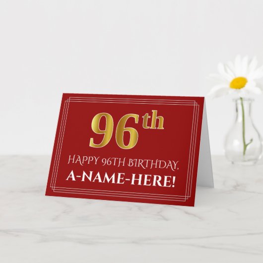Carte Elégant Faux Gold Look "96ème" Anniversaire, Nom ( (Petite plante)