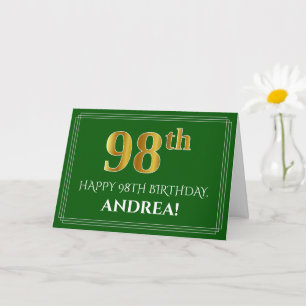 Carte Elégant Faux Gold Look 98e anniversaire, nom (vert