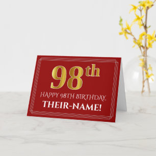 Carte Elégant Faux Gold Look "98ème" Anniversaire, Nom (
