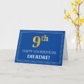 Carte Elégant Faux Gold Look 9e anniversaire, nom (bleu) (Fleur jaune)