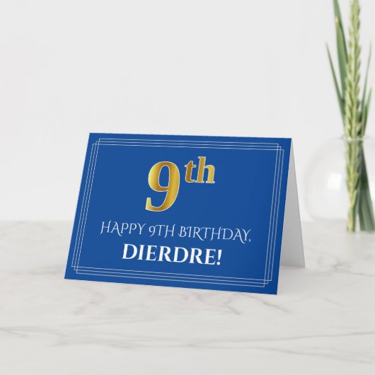 Carte Elégant Faux Gold Look 9e anniversaire, nom (bleu) (Devant)
