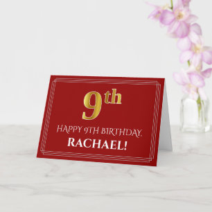 Carte Elégant Faux Gold Look "9ème" Anniversaire, Nom (R