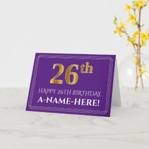 Carte Élégant Faux Or Look 26e Anniversaire, Nom; Violet