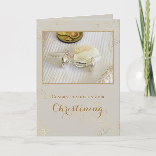 Carte Élégant Feuille d'or Baptême / Christening Photo (Devant)