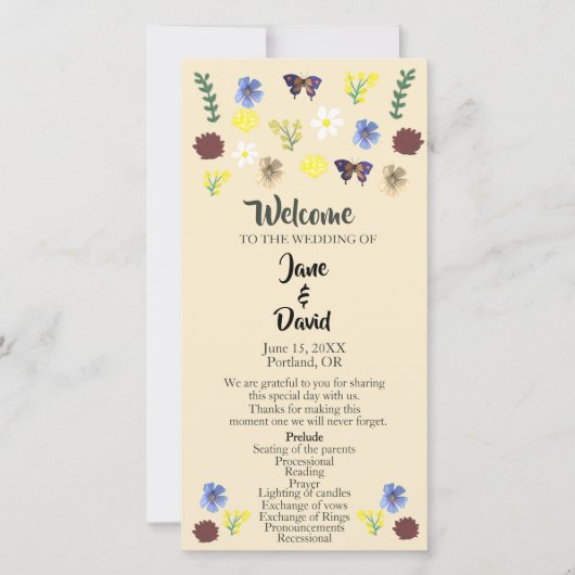 Carte Élégant Fleur sauvage Boho Eggshell Wedding Progra (Devant)
