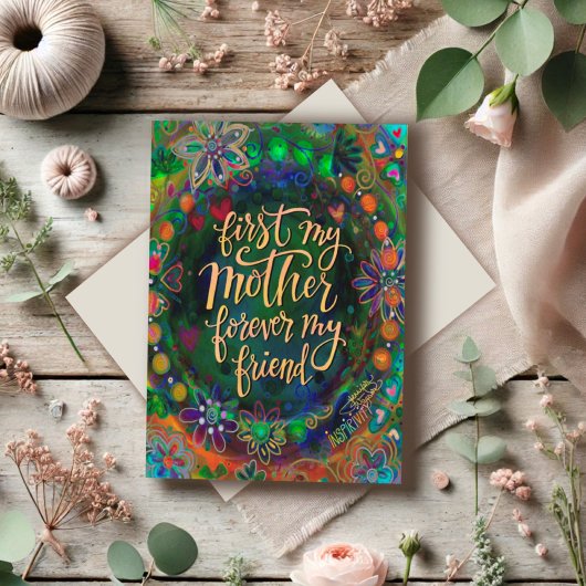 Carte Elégant Floral Mère Ami Citation Vert