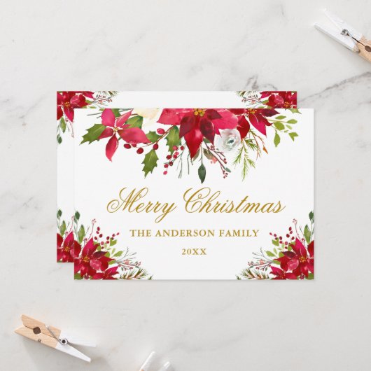 Carte Élégant Floral Poinsettia Or Noël (Devant/Arrière en situation)