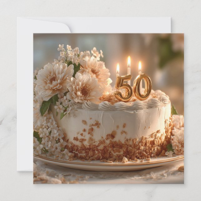 Carte Élégant gâteau 50e anniversaire avec Topper doré (Devant)