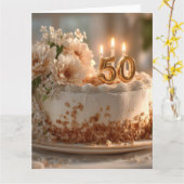 Carte Élégant gâteau 50e anniversaire avec Topper doré (Fleur jaune)