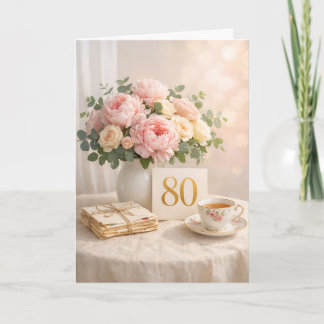 Carte Elegant Gold “80” Floral Tea Party 80th Birthday