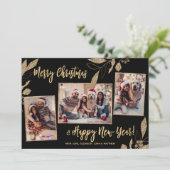 Carte Elégant Gold Botanical 3 Photo Collage Noël (Debout devant)