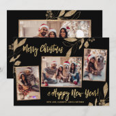 Carte Elégant Gold Botanical 3 Photo Collage Noël (Devant / Derrière)