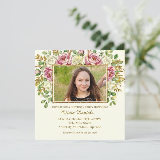 Carte Elegant Gold Glitter Floral Frame Personalized (Debout devant)