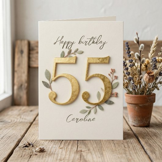 Carte Elegant Gold Numbers Botanical 55th Birthday