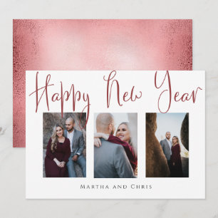 Carte Elégant Happy New Year Rose Gold Photo Collage