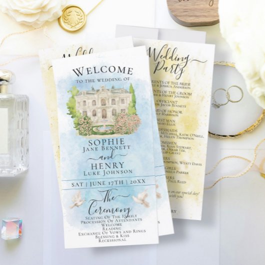 Carte Elégant Lieu Fontaine colombe Luxe Mariage Program