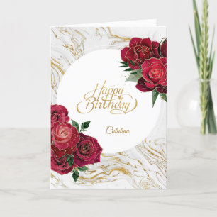 Carte Elégant Marbre Roses Rouges Personnalisé Anniversa