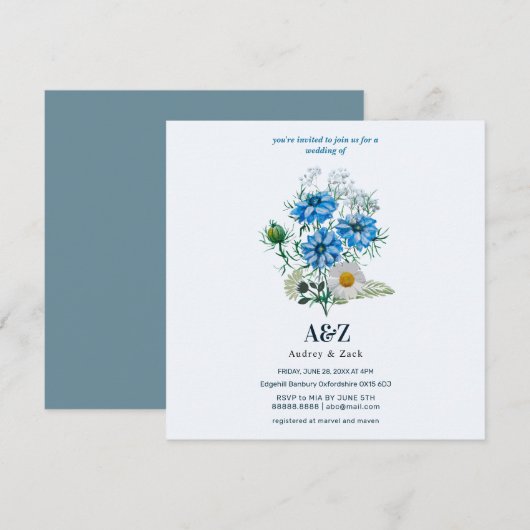 Carte Élégant MARIAGE à fleurs Blue Nigella (Devant / Derrière)