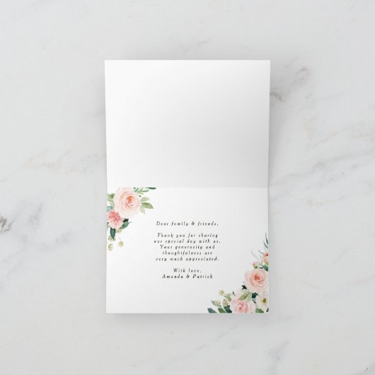 Carte Élégant Mariage à fleurs rose pâle Merci plié (Intérieur)