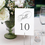 Carte Élégant Mariage de calligraphie Numéros de tableau<br><div class="desc">Une carte de numéro de table en blanc avec du texte gris fusain foncé avec un magnifique script de calligraphie qui explique le mot "table". Ce design de 5 pouces sur 7 pouces est un choix merveilleux pour les mariages, les banquets, les dîners, les déjeuners et les fêtes. Le jeu...</div>