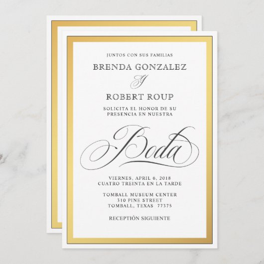 Carte Elégant Mariage frontalier doré en espagnol (Devant / Derrière)