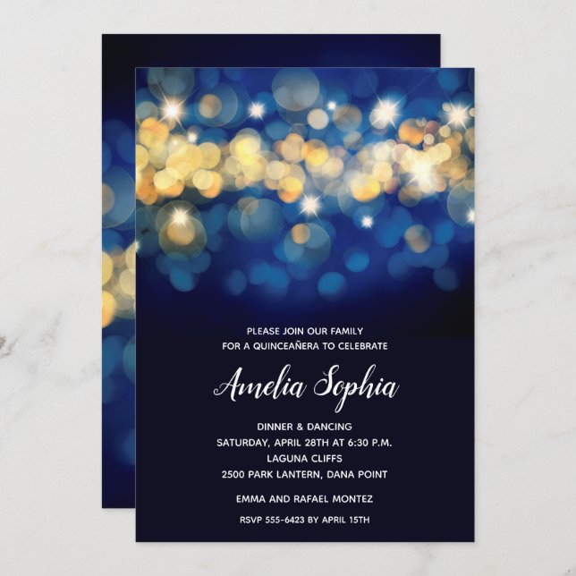 Carte Elegant Marine et Gold Bokeh Quinceañera Invitatio (Devant / Derrière)