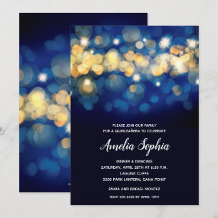 Carte Elegant Marine et Gold Bokeh Quinceañera Invitatio
