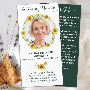 Carte Elégant Mémorial Tournesol Photo Prière funéraire