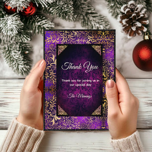 Carte Élégant Merci damassé fleuri d'or violet