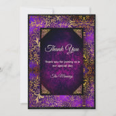 Carte Élégant Merci damassé fleuri d'or violet (Devant)