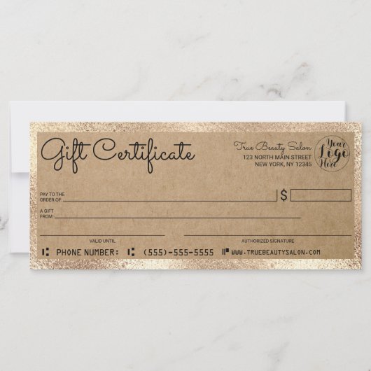Carte Élégant moderne Gold Kraft chèque cadeau certifica (Devant)