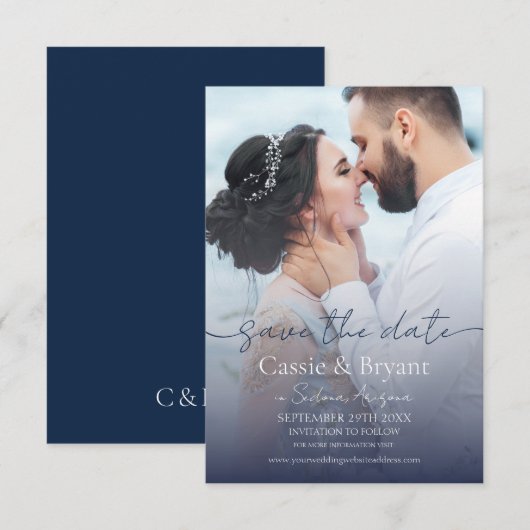 Carte Elegant Navy Blue Fade Photo Wedding Enregistrer l (Devant / Derrière)