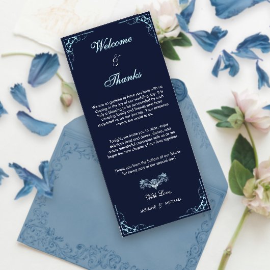 Carte Elegant Navy & Light Blue Script Bienvenue Merci