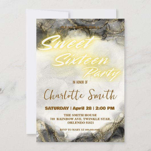 Carte Elégant néon marbre rose or doux 16e anniversaire (Devant)