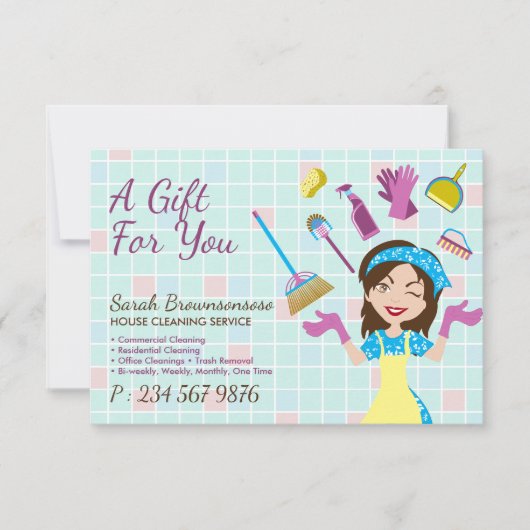 Carte Élégant nettoyage rose bleu mignon Maid Janitorial (Devant)