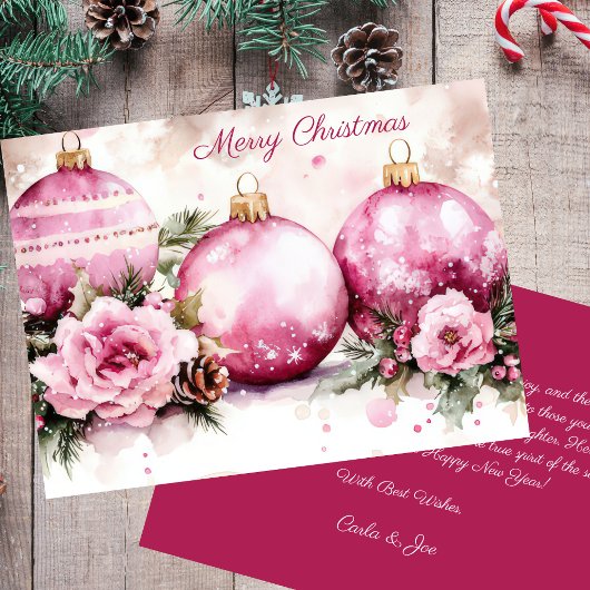 Carte Élégant Noël Baubles et Fleurs Salutation