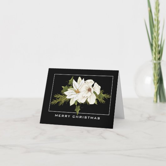 Carte Élégant Noël Floral Blanc Joyeux (Devant)