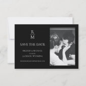 Carte Élégant Noir Monogramme Mariage Enregistrer la Dat (Devant)