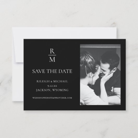 Carte Élégant Noir Monogramme Mariage Enregistrer la Dat (Devant)