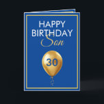 Carte Elégant or et bleu balloon Son 30e anniversaire<br><div class="desc">Elegant Gold and Blue Balloon Son 30e anniversaire, un design unique fait pour quiconque cherche quelque chose de spécial pour son fils pour son anniversaire. Le design comporte un joli ballon doré à l'avant avec du texte personnalisable que vous pouvez personnaliser, alors n'hésitez pas à le customiser pour faire votre...</div>